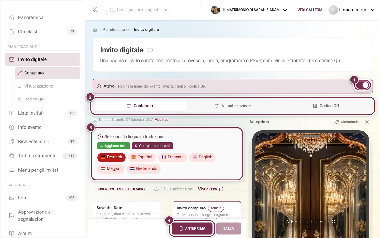 Editor dell'invito digitale con l'interruttore principale evidenziato, le schede, il blocco delle lingue e il pulsante Anteprima