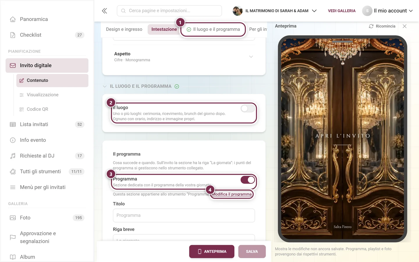 Sezione Il luogo e il programma con cerchi numerati attorno al segnalibro, a entrambi gli interruttori e a Modifica il programma