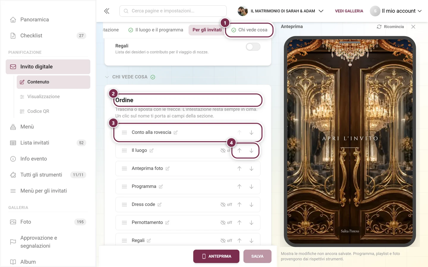 Sezione Chi vede cosa con cerchi numerati attorno al segnalibro, al titolo Ordine, alla riga Conto alla rovescia e alle frecce della riga Il luogo