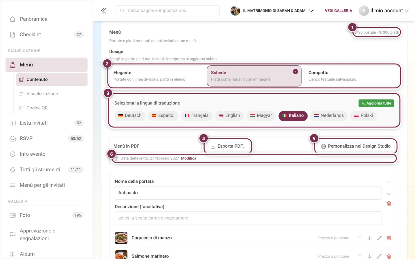 Parte superiore della scheda Contenuto con contatore, i tre riquadri di design, la scelta della lingua e i pulsanti di esportazione