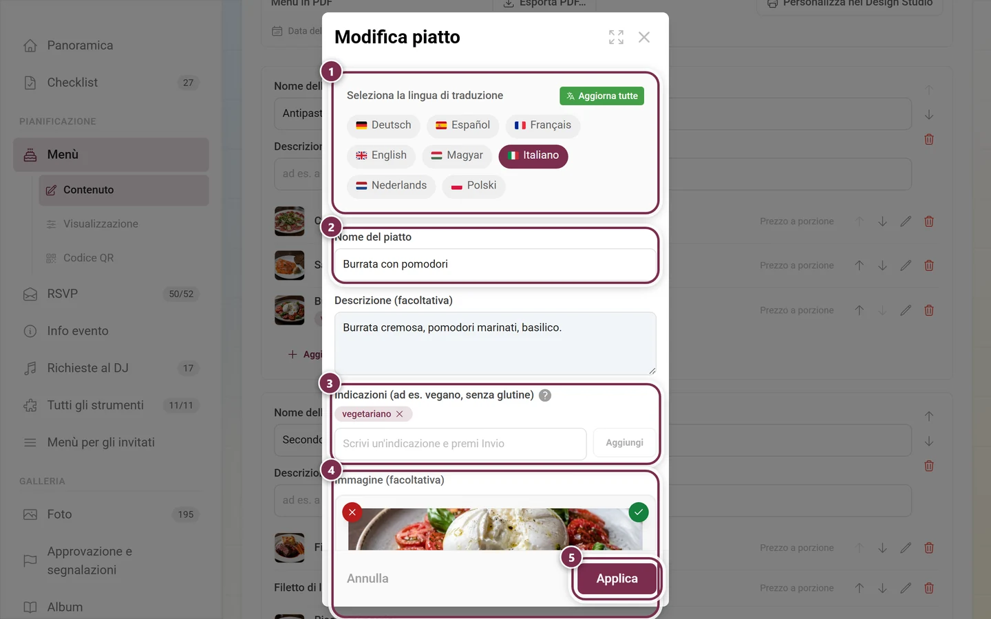 Finestra Modifica piatto con scelta della lingua, nome, descrizione, il chip vegetariano e una foto nel campo immagine