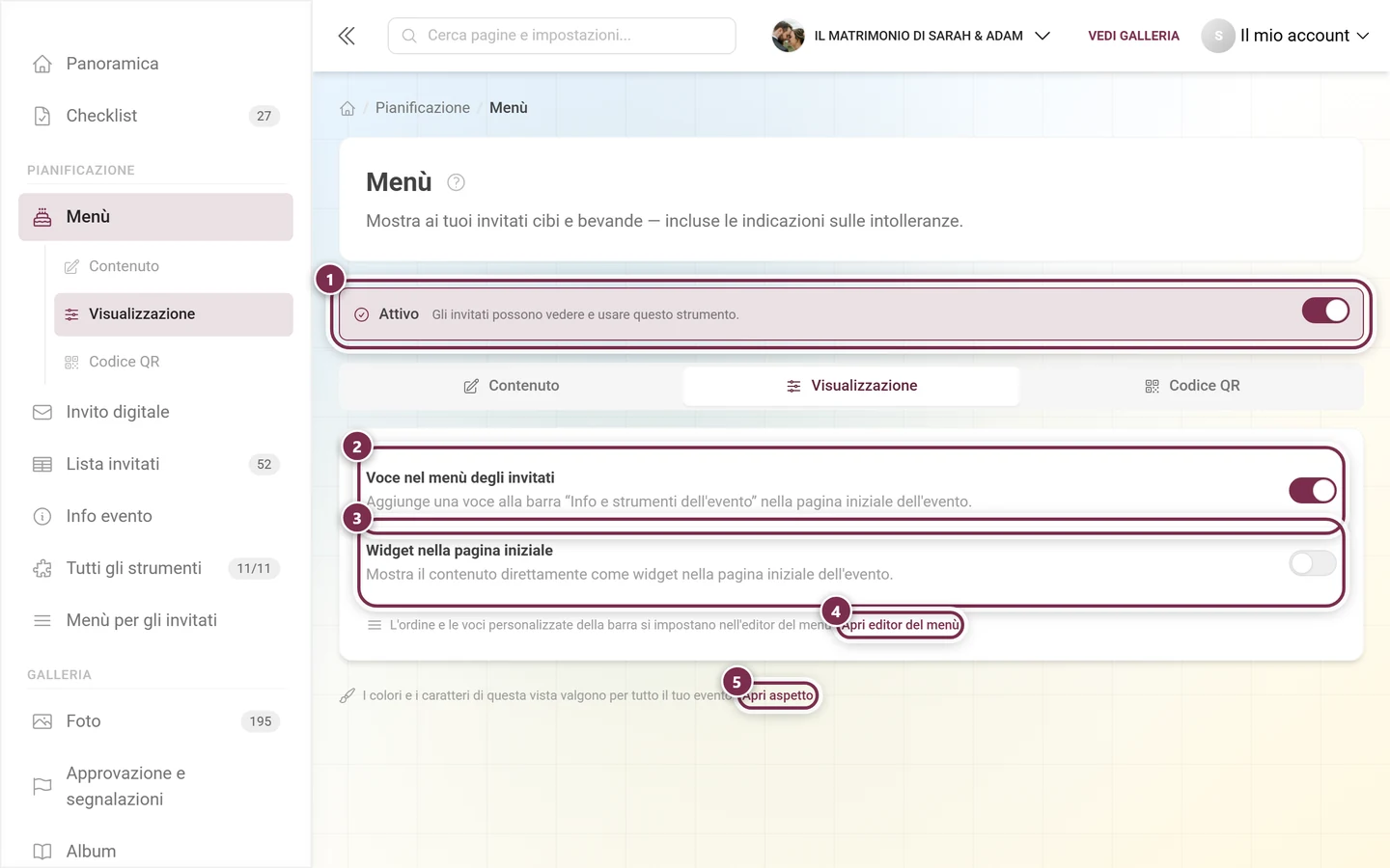 Scheda Visualizzazione dello strumento Menù con l'interruttore Attivo, Voce nel menù degli invitati e Widget nella pagina iniziale