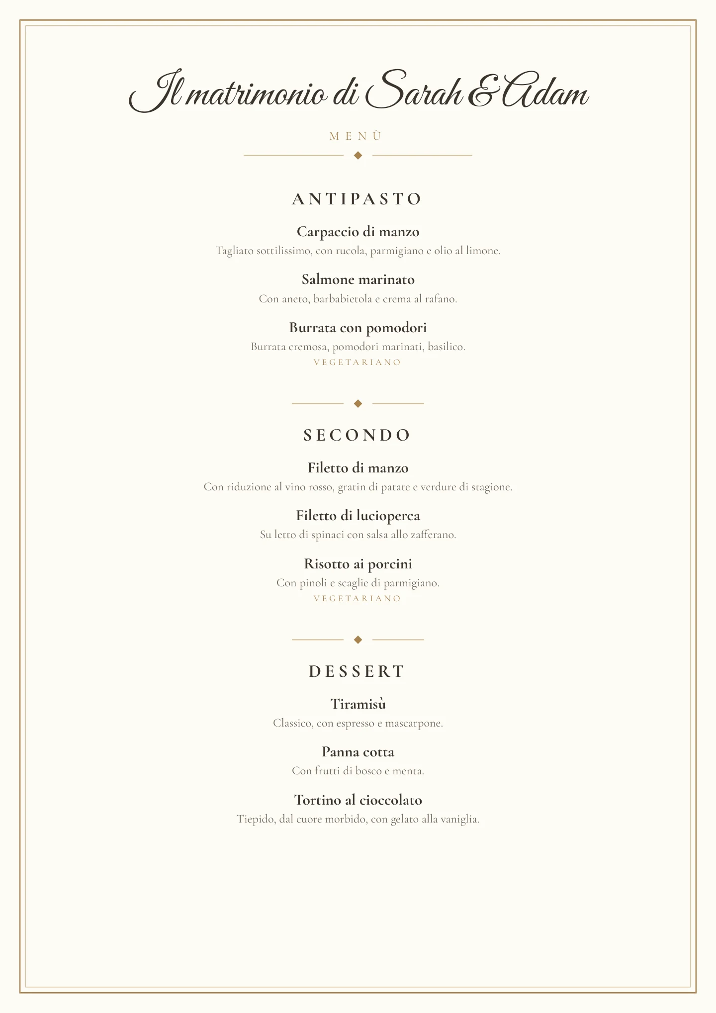 Menù finito in PDF nello stile Oro e avorio con le portate Antipasto, Portata principale e Dessert