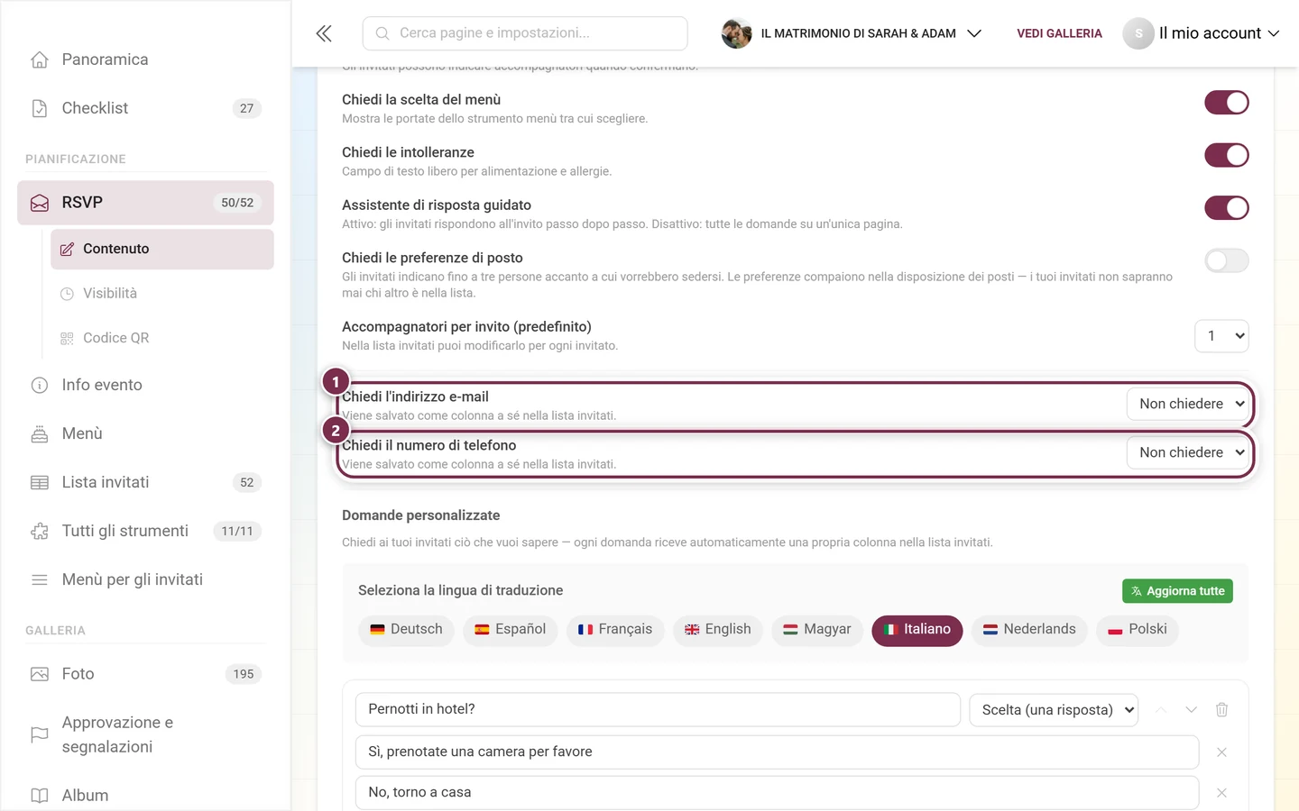Le due richieste di contatto per indirizzo e-mail e numero di telefono