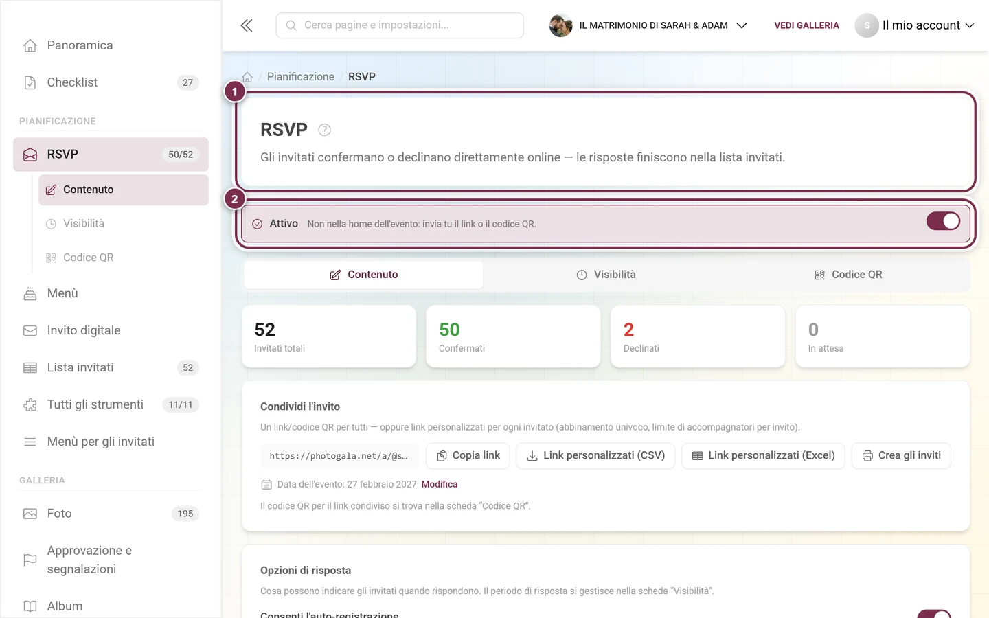 Intestazione dell'editor RSVP con il titolo e la striscia Attivo