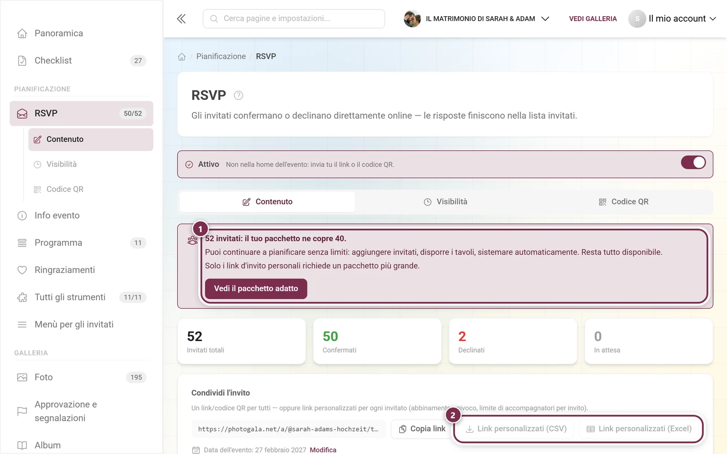 Riquadro del limite sopra l'editor e i pulsanti disattivati per i link personalizzati