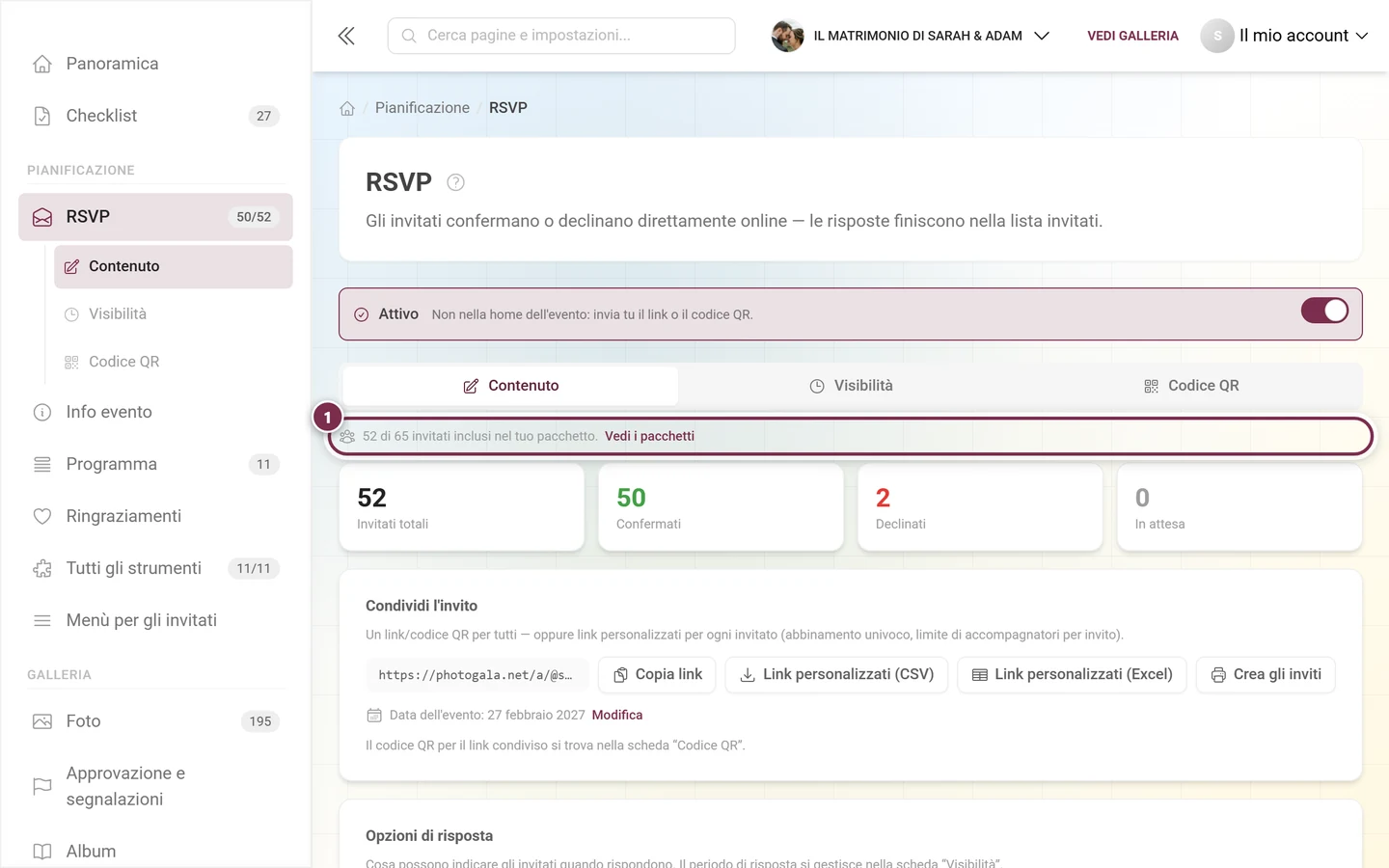 Sottile riga di avviso sopra i numeri: 52 di 65 invitati inclusi nel tuo pacchetto