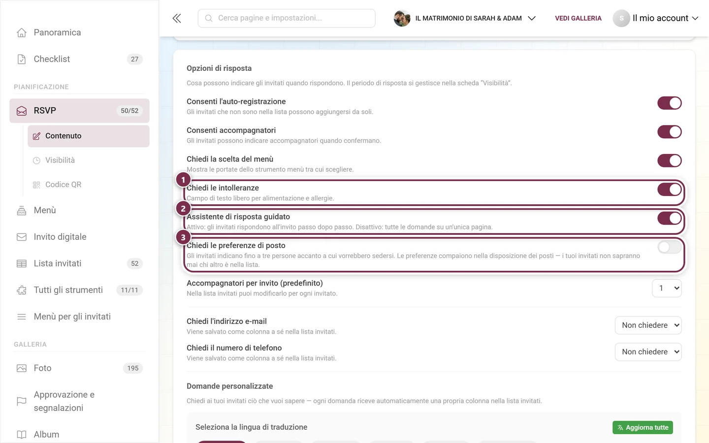 Le tre opzioni di risposta successive: intolleranze, assistente di risposta e preferenze di posto