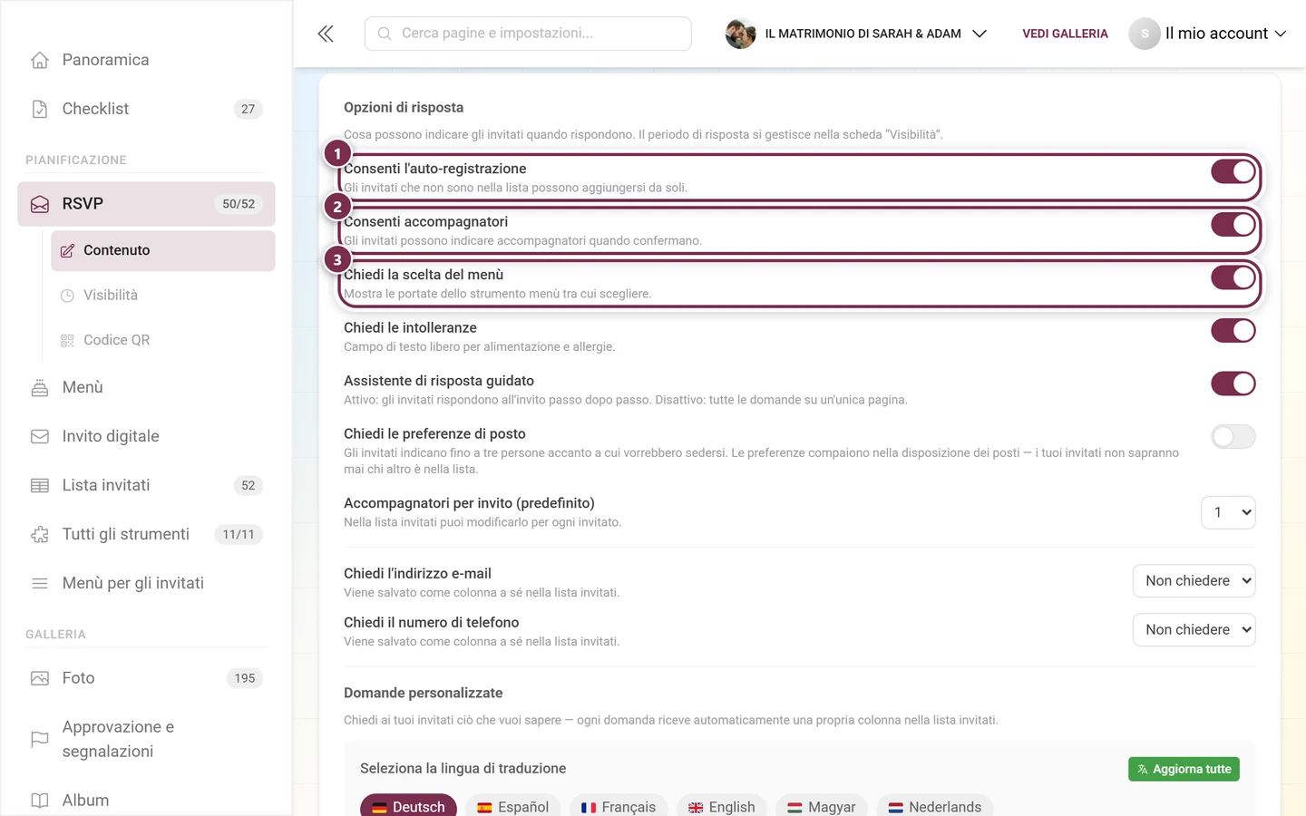 Le prime tre opzioni di risposta: auto-registrazione, accompagnatori e scelta del menù