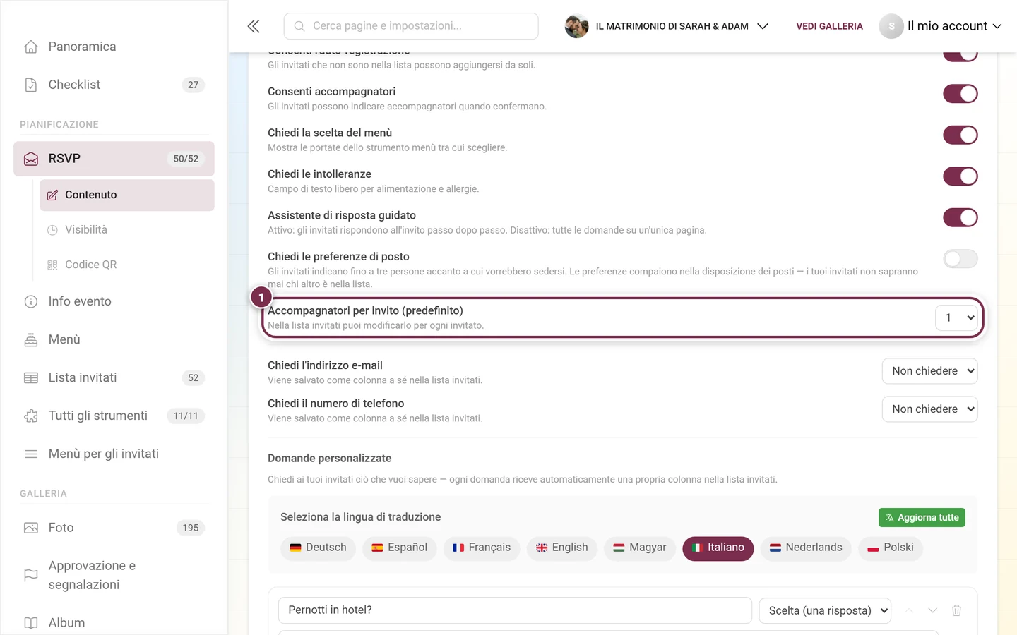 Il menu a tendina Accompagnatori per invito (predefinito)