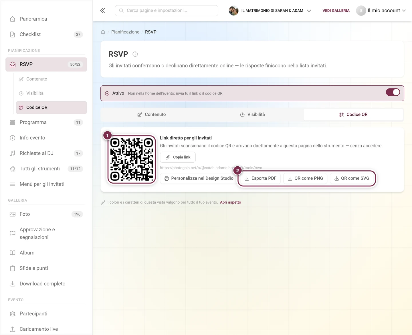 Scheda Codice QR con il codice, il link diretto e i tre pulsanti per i file