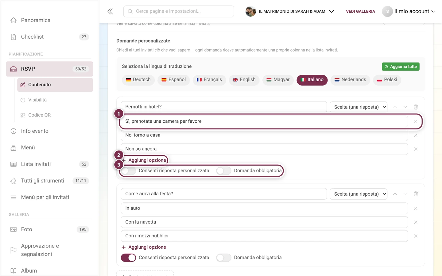 Opzioni di risposta di una domanda a scelta con Aggiungi opzione e i due interruttori