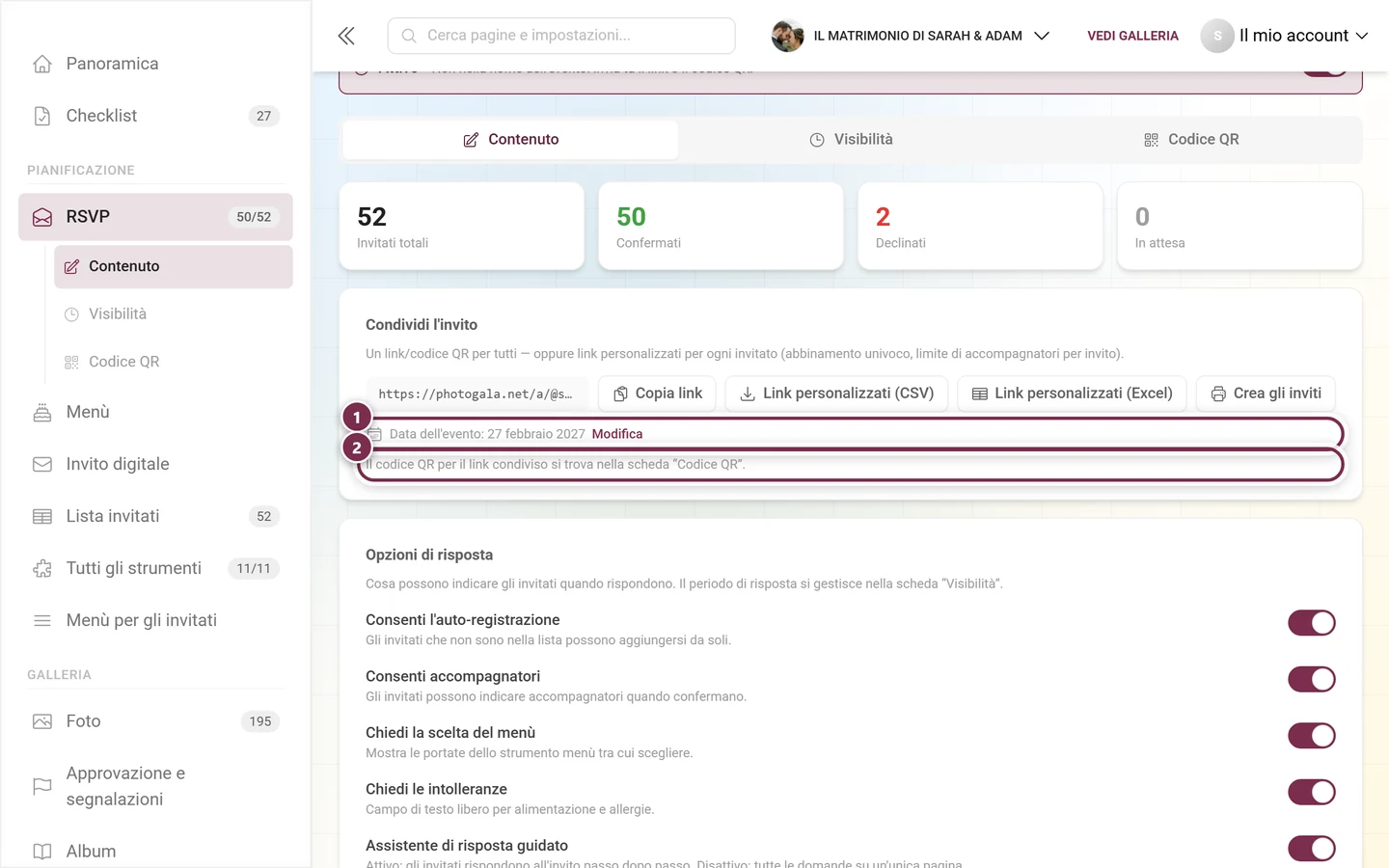 Le due righe di avviso sotto i pulsanti di invio: data dell'evento e rimando alla scheda QR