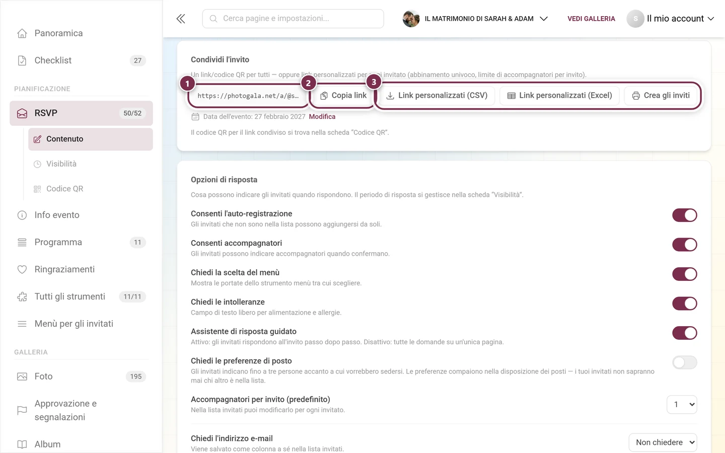 Sezione Condividi l'invito con indirizzo, Copia il link e i tre pulsanti di invio