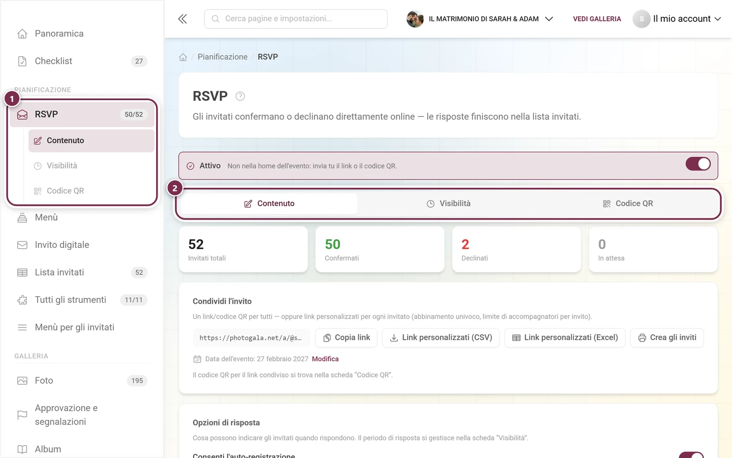 Barra laterale con la voce RSVP evidenziata sotto Pianificazione e la barra delle schede dell'editor