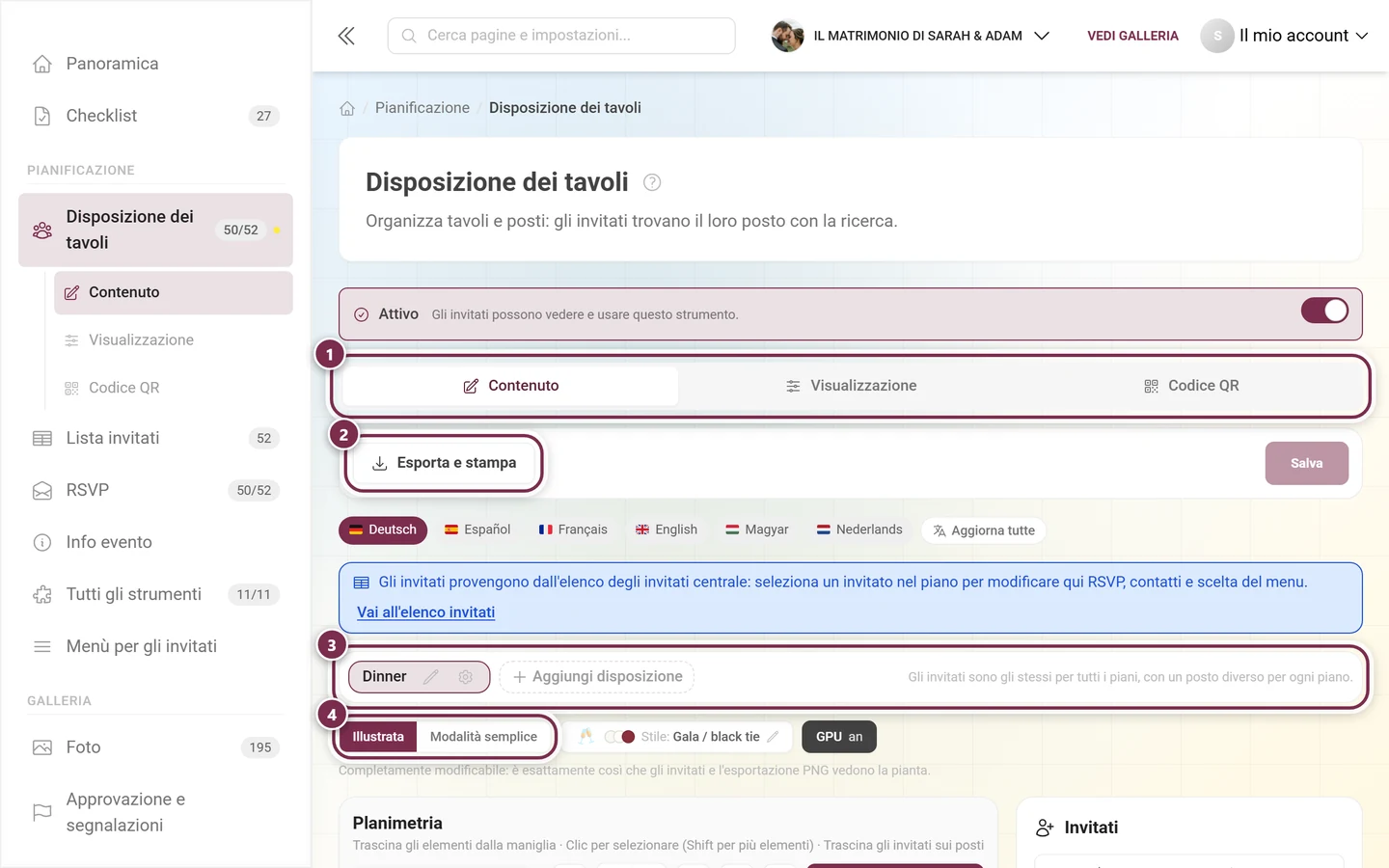 Editor del piano dei posti con l'avviso blu sulla lista invitati centrale e la selezione del piano