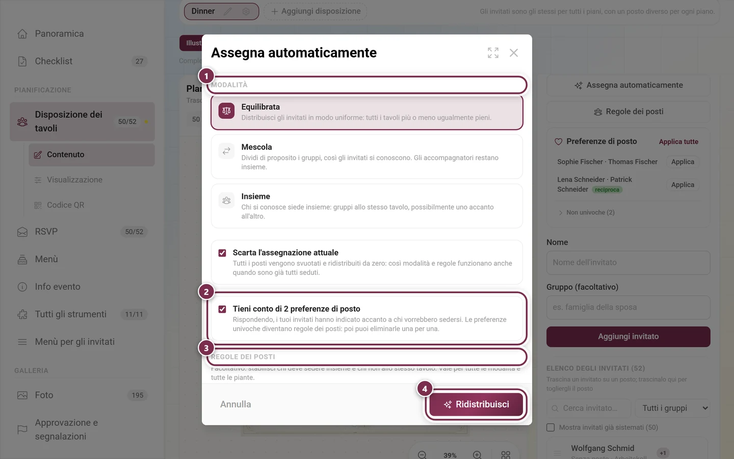 Finestra Assegna automaticamente con l'area Modalità evidenziata, l'opzione delle preferenze, la sezione Regole dei posti e il pulsante disattivato Tutti hanno già un posto