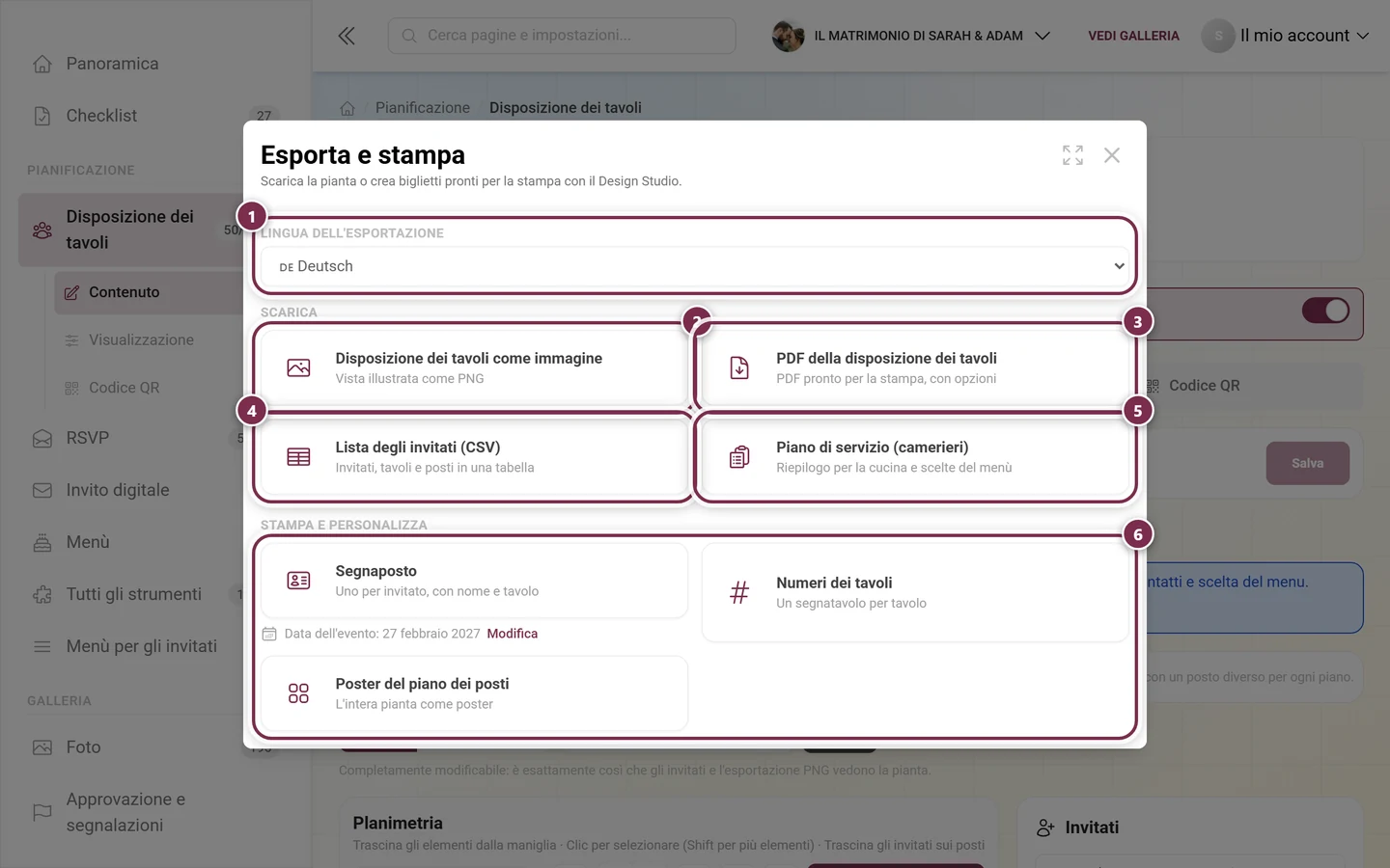 Finestra Esporta e stampa con la scelta della lingua evidenziata, le quattro schede di download e l'area Stampa e personalizza