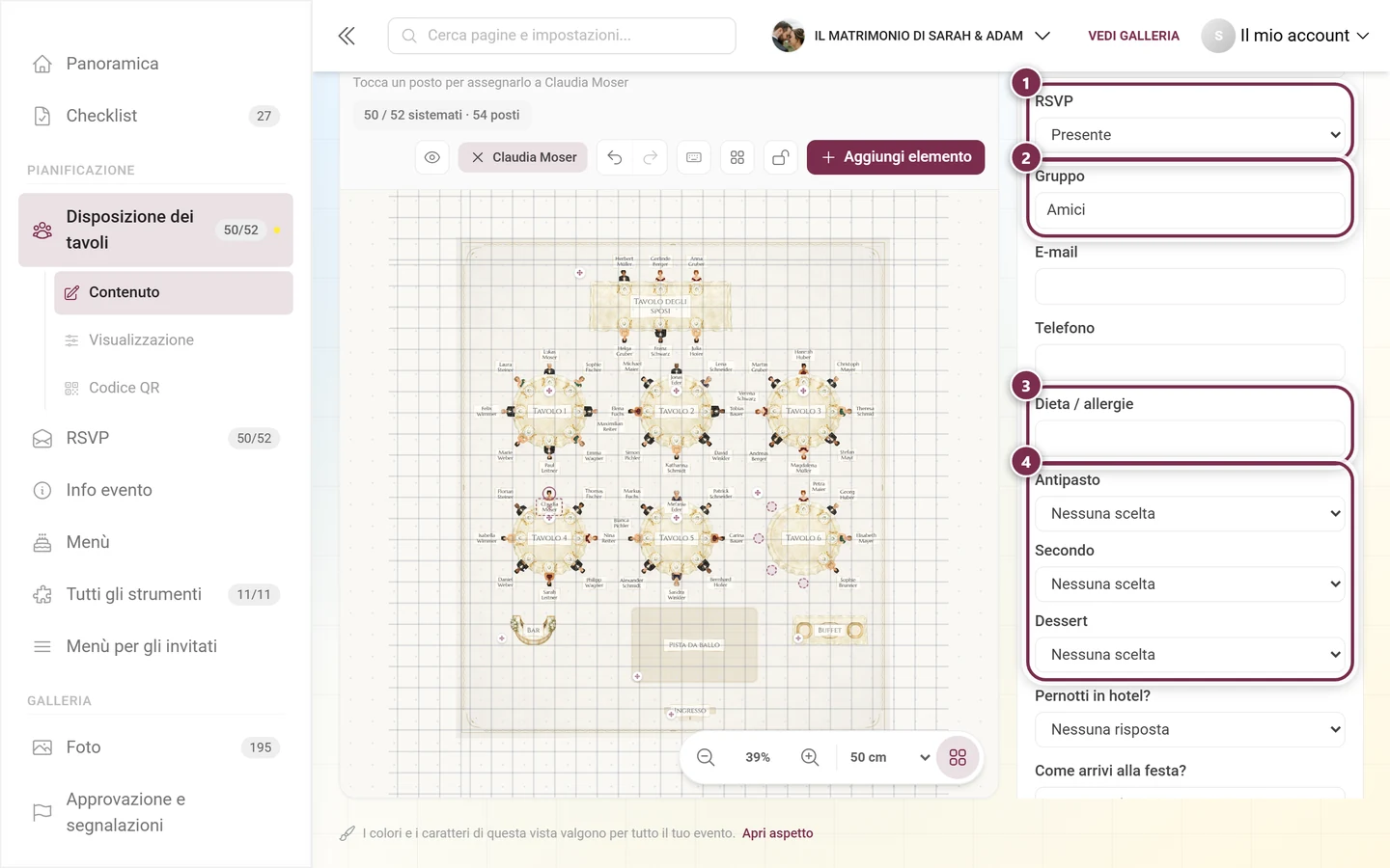 Scheda dei dettagli dell'invitato aperta nel pannello del piano dei posti con il campo RSVP evidenziato, gruppo, dieta e le tre portate del menù