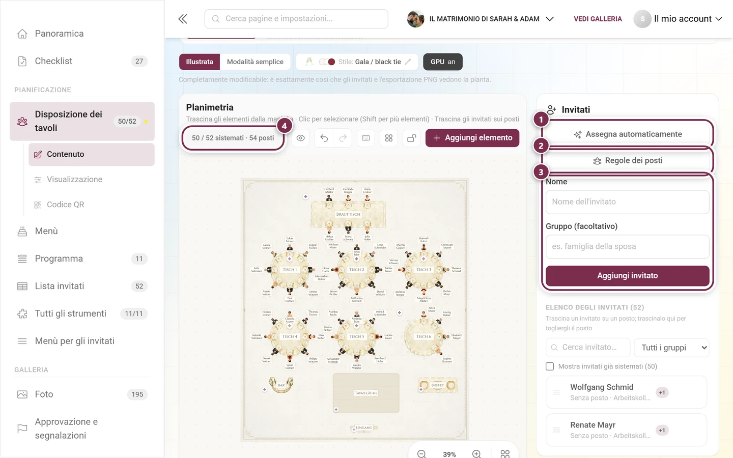 Pannello Invitati con i pulsanti evidenziati Assegna automaticamente e Regole dei posti, il modulo per nuovi invitati e il chip di avanzamento sopra il piano