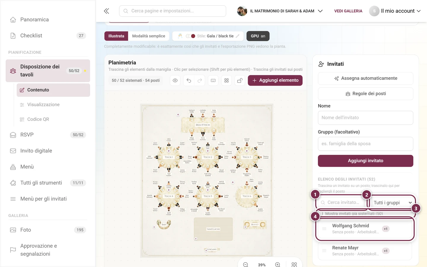 Pannello Invitati con ricerca evidenziata, filtro per gruppo, casella per gli invitati sistemati e una riga di invitato senza posto