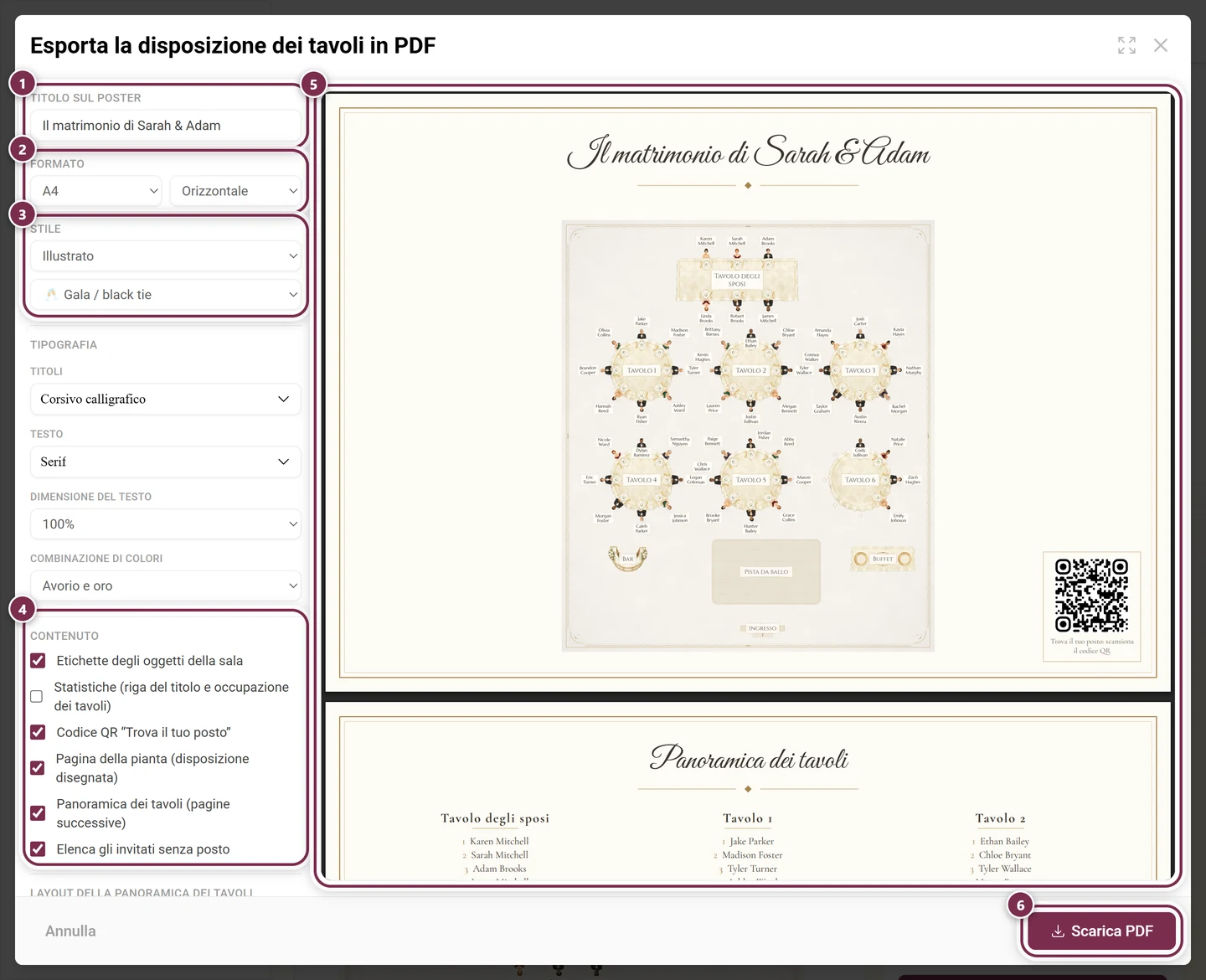 Finestra Esporta la disposizione dei tavoli in PDF con campo del titolo, formato, stile, contenuto, anteprima dal vivo e pulsante di download evidenziati
