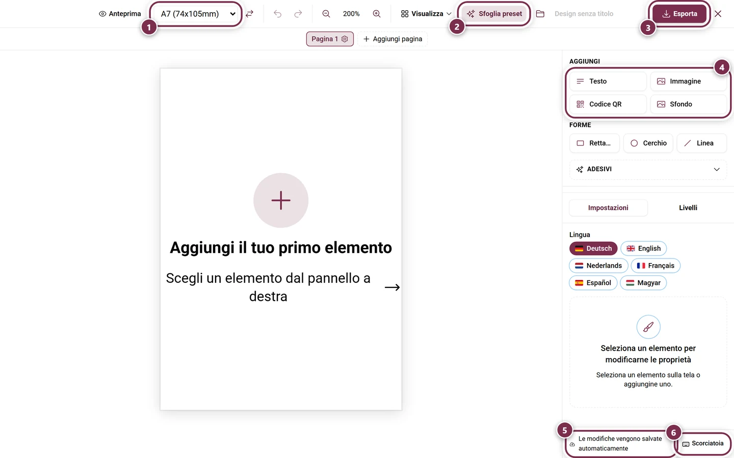 Design Studio con un segnaposto vuoto, formato carta evidenziato, pulsante Sfoglia preset, pulsante Esporta, pannello degli elementi, avviso di salvataggio e pulsante Scorciatoia