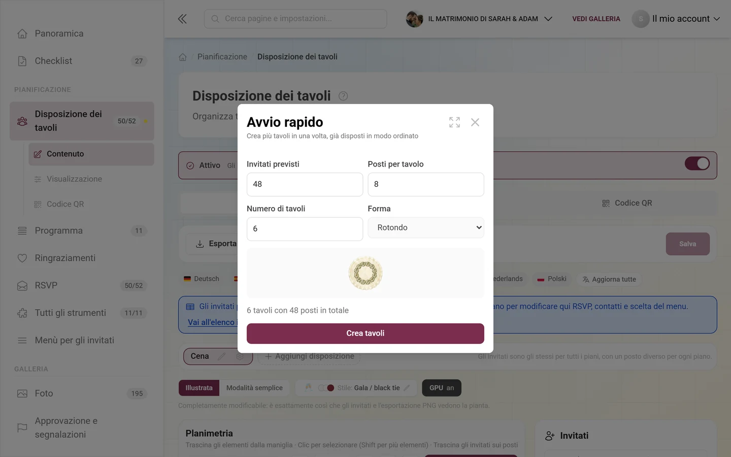 Finestra Avvio rapido con i campi Invitati previsti, Posti per tavolo e Numero di tavoli