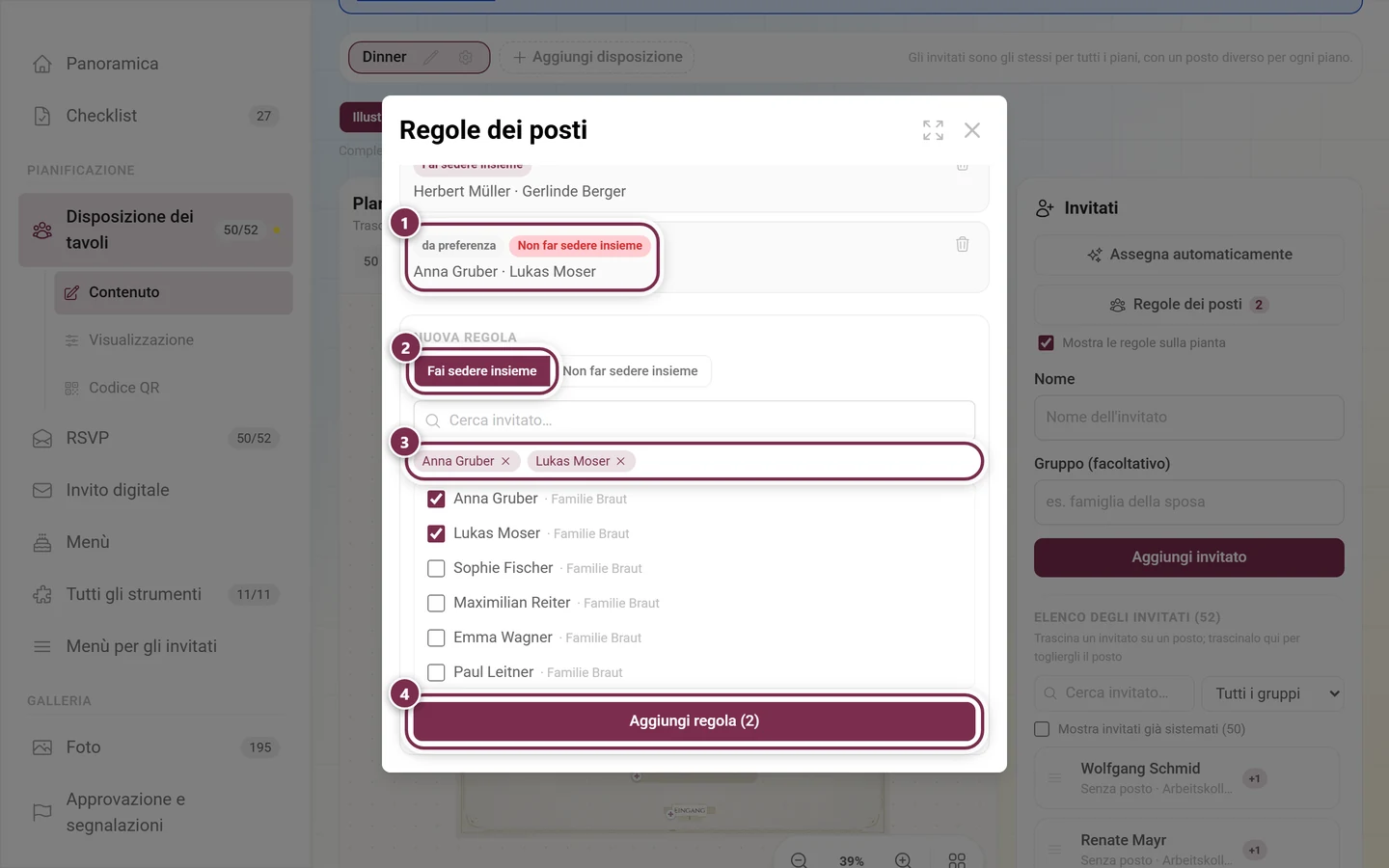 Finestra Regole dei posti con una regola esistente da una preferenza, il selettore del tipo, i chip con i nomi degli invitati scelti e il pulsante Aggiungi regola