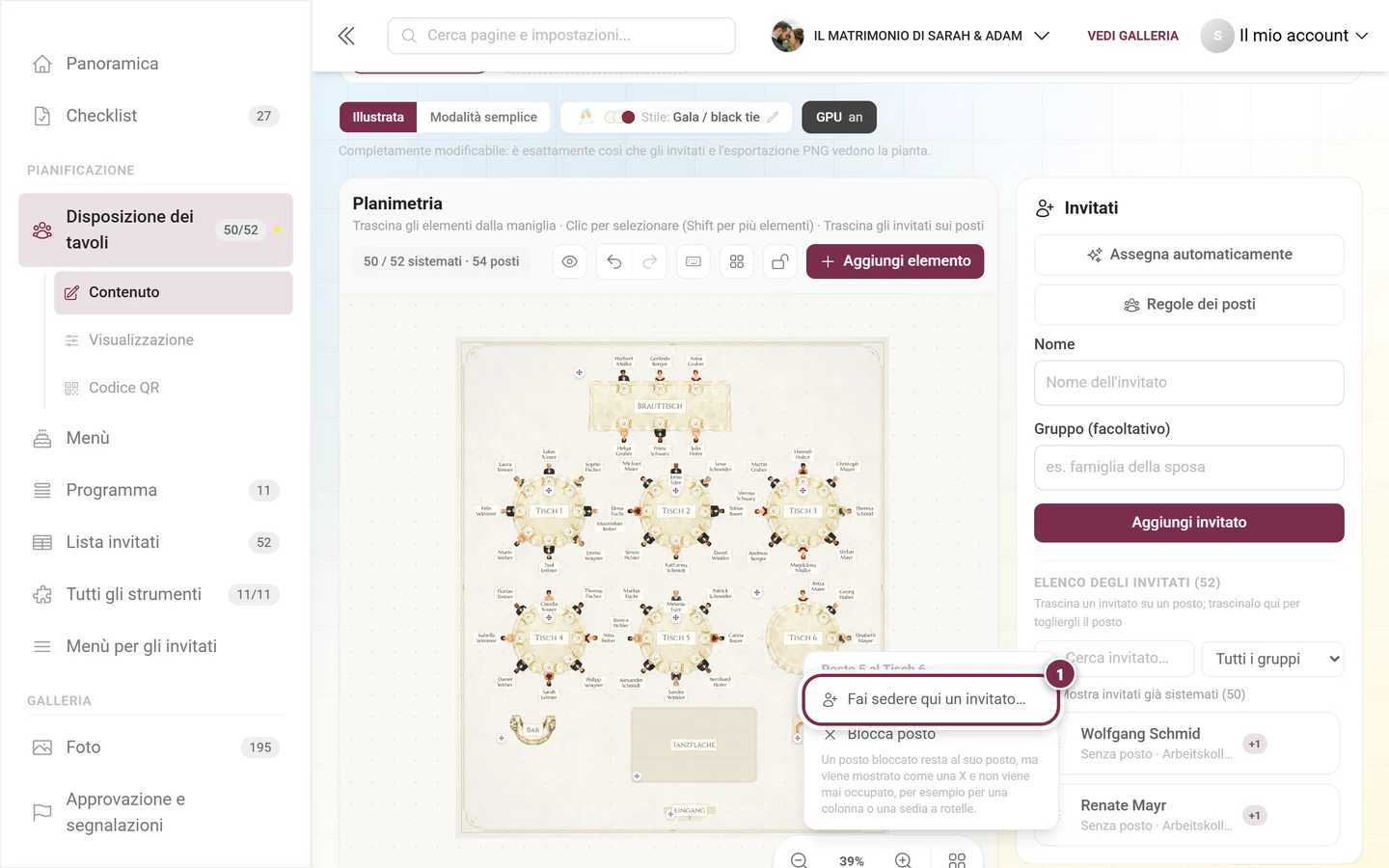 Menu contestuale di un posto libero con l'intestazione Posto 5 al Tavolo 6 e la voce evidenziata Fai sedere qui un invitato