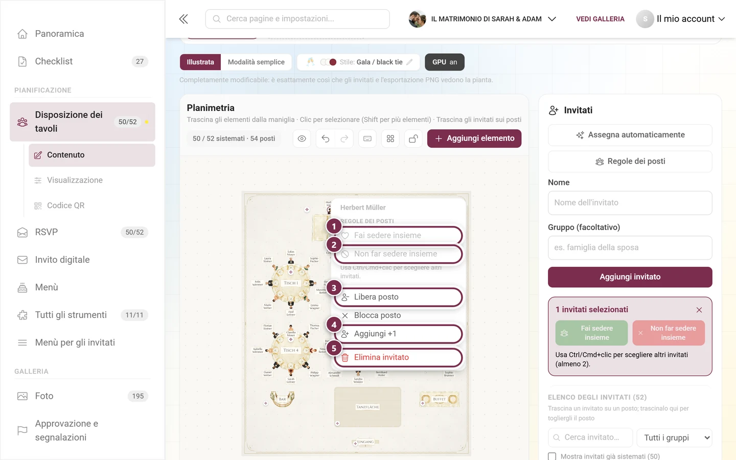 Menu contestuale di un posto occupato con le cinque voci evidenziate Fai sedere insieme, Non far sedere insieme, Libera posto, Aggiungi +1 ed Elimina invitato