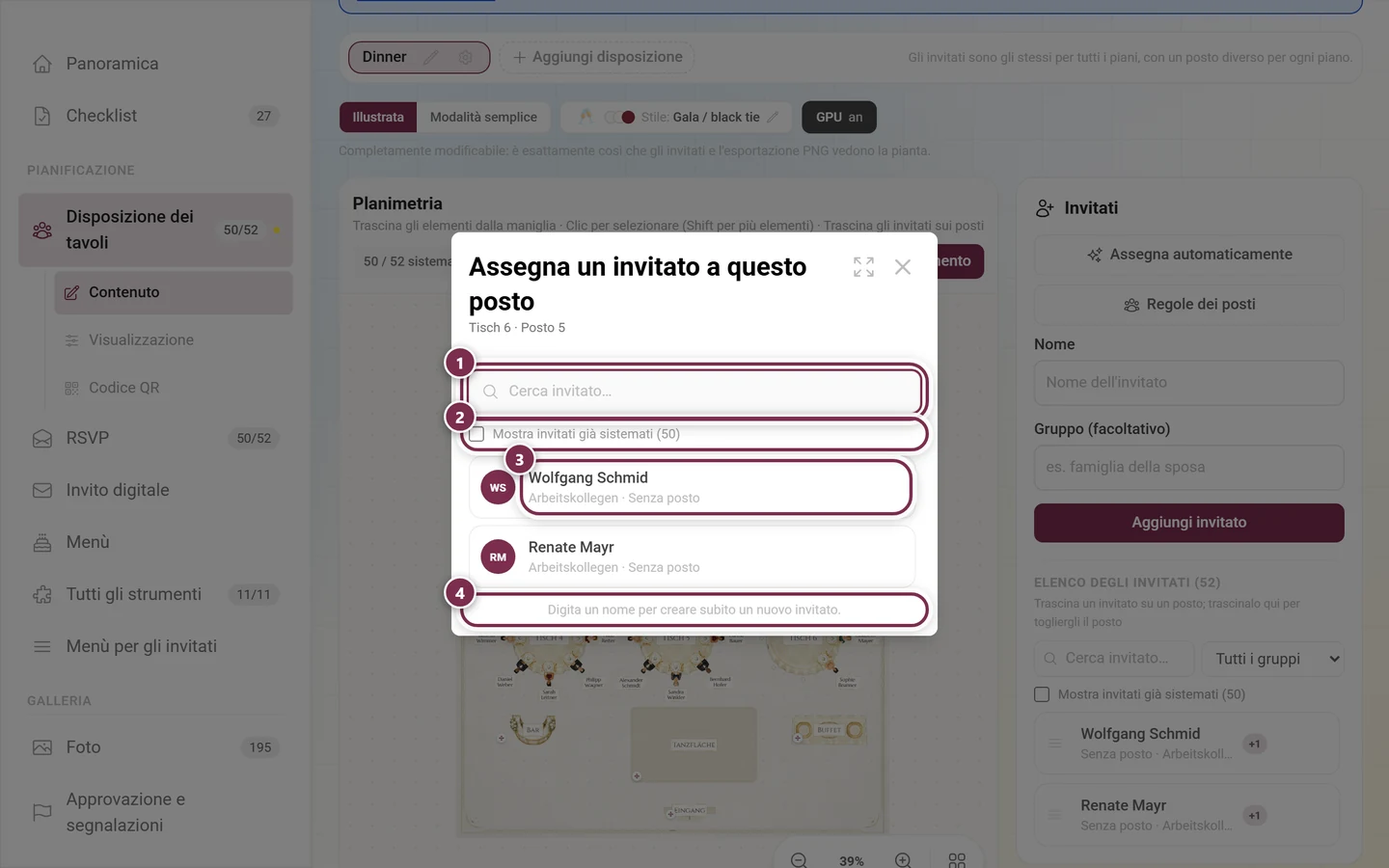 Finestra Assegna un invitato a questo posto con campo di ricerca evidenziato, casella per gli invitati sistemati, una riga di invitato e l'avviso per creare nuovi invitati