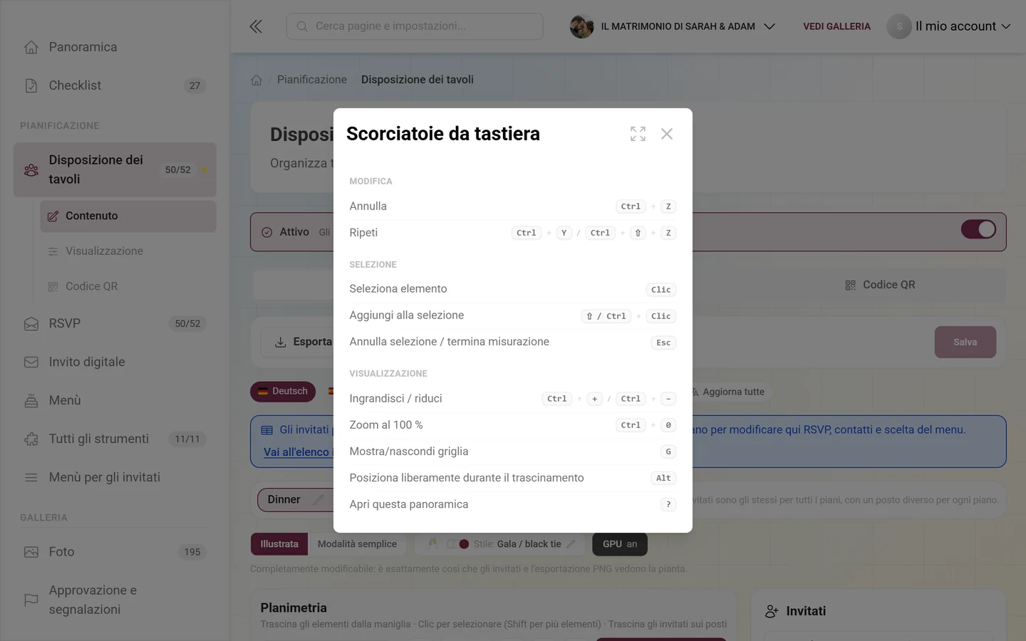 Finestra Scorciatoie da tastiera con i gruppi Modifica, Selezione e Vista