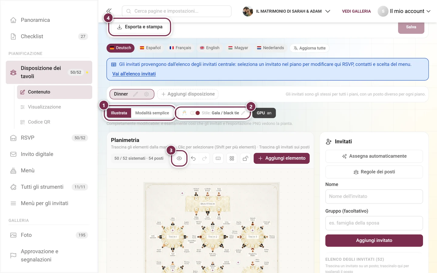 Editor del piano dei posti con il selettore della vista, il pulsante dello stile, l'icona a forma di occhio e il pulsante Esporta e stampa evidenziati