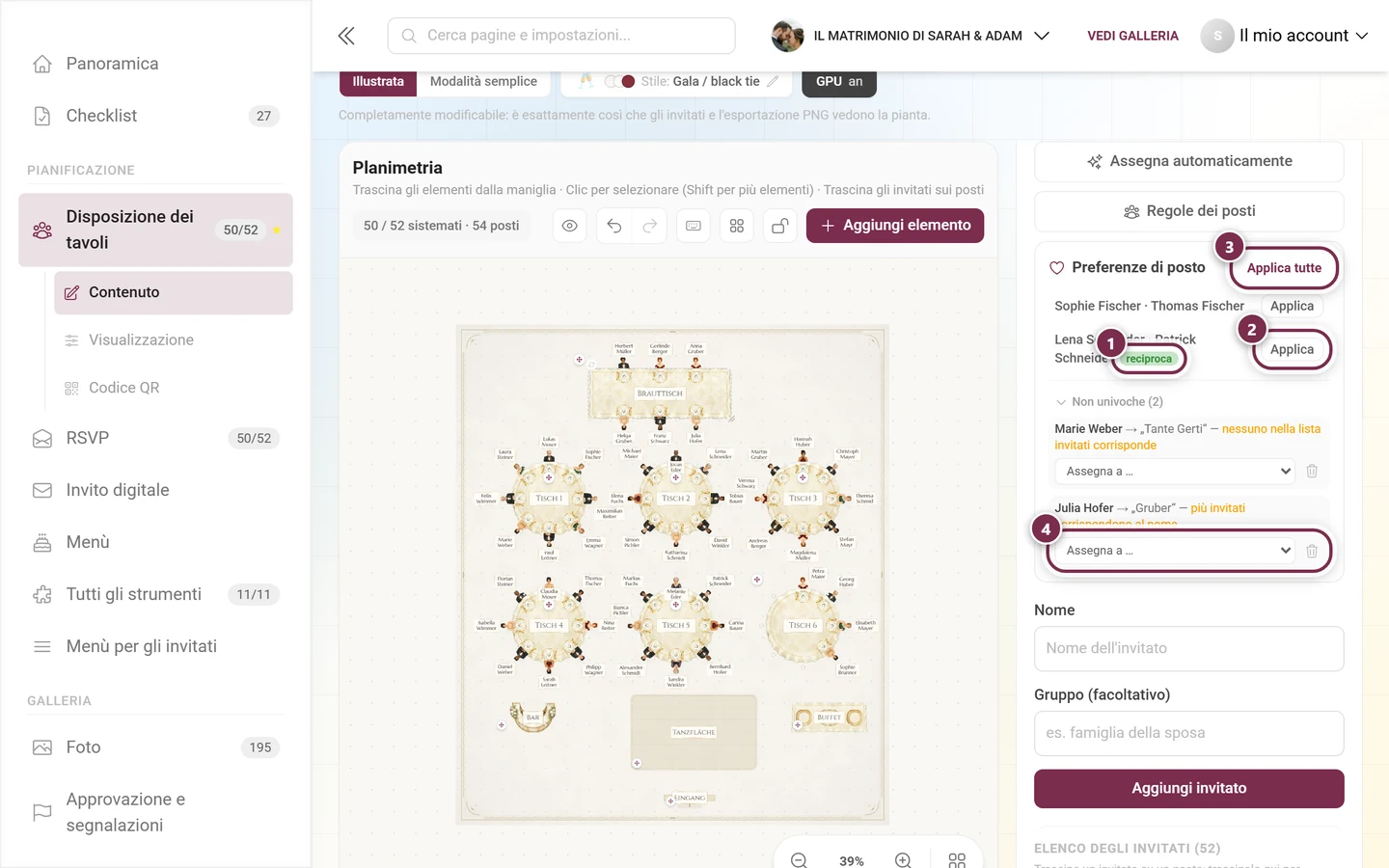 Pannello Preferenze di posto con l'etichetta reciproca, i pulsanti Applica e Applica tutte e la sezione aperta Non univoche
