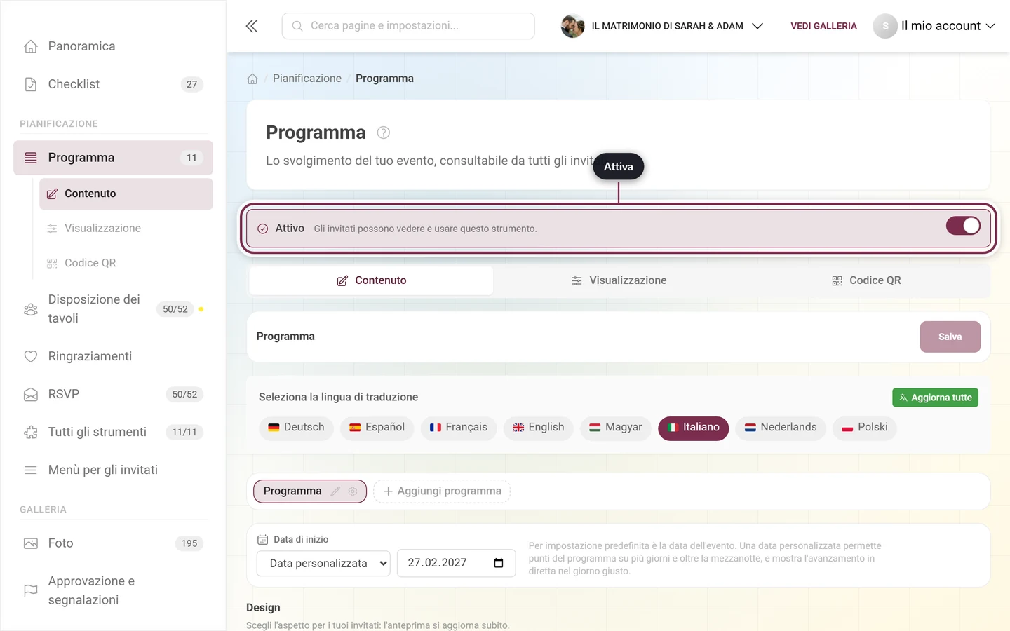 Editor dello strumento con la striscia Attivo evidenziata sopra le schede