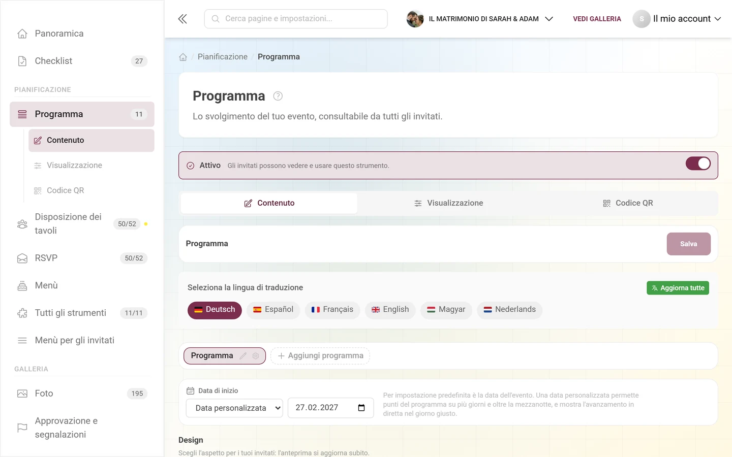 Editor di uno strumento con la striscia Attivo e la barra delle schede