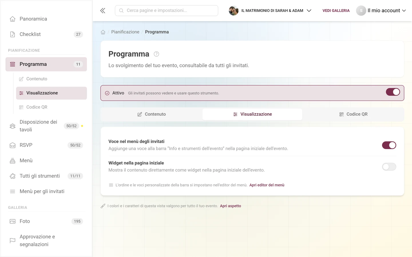 Scheda Visualizzazione con gli interruttori per widget e menù degli invitati