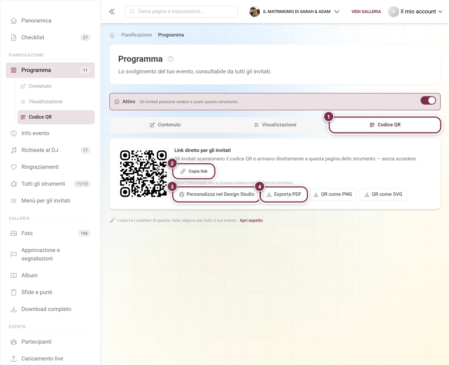 Scheda Codice QR con anelli numerati attorno alla scheda, Copia link, Crea nel Design Studio ed Esporta PDF