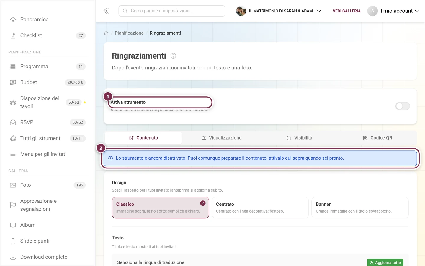 Ringraziamenti con lo strumento disattivato e l'avviso blu sulla modalità bozza
