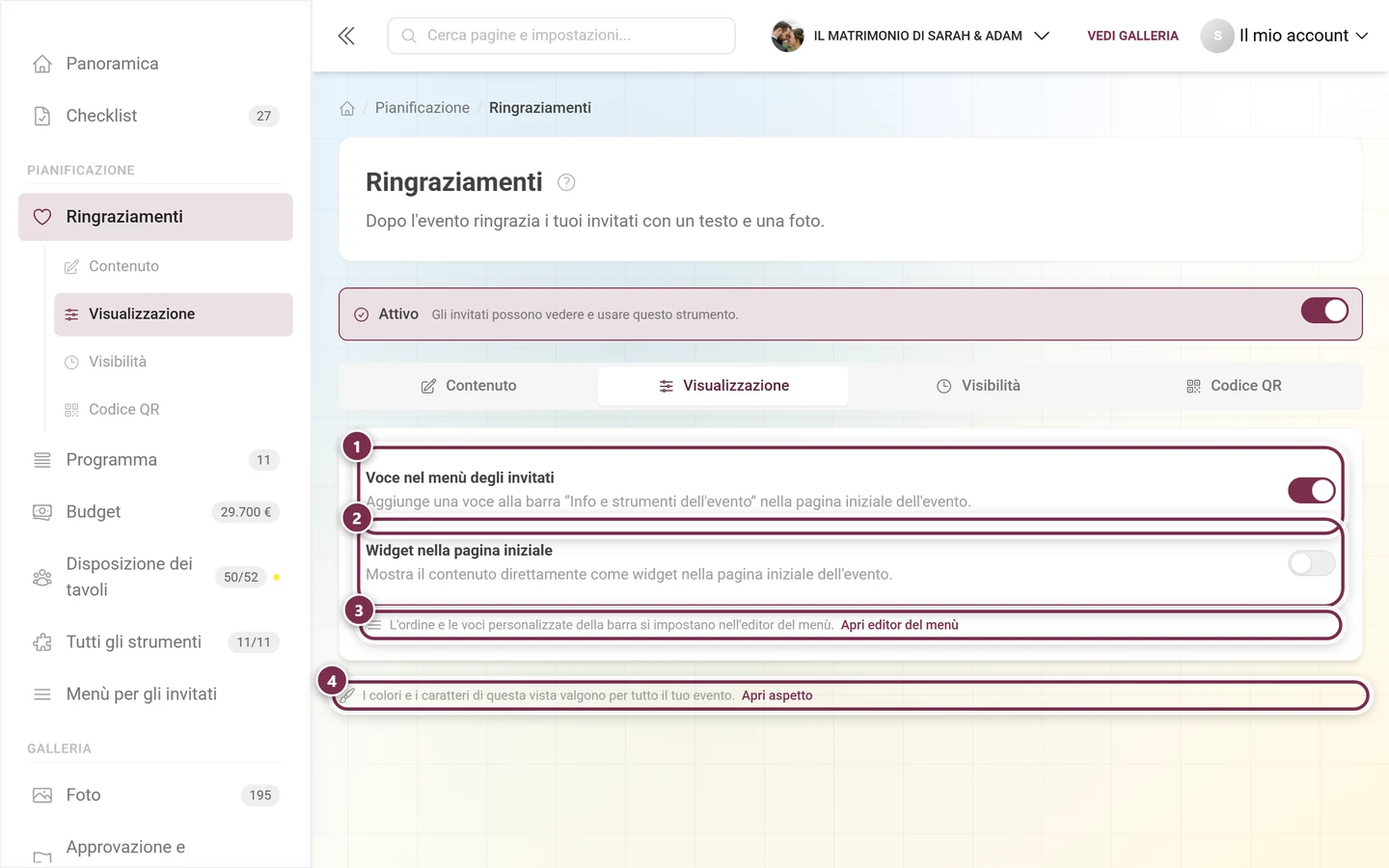 Scheda Visualizzazione con gli interruttori per il menù degli invitati e il widget della pagina iniziale, più due link