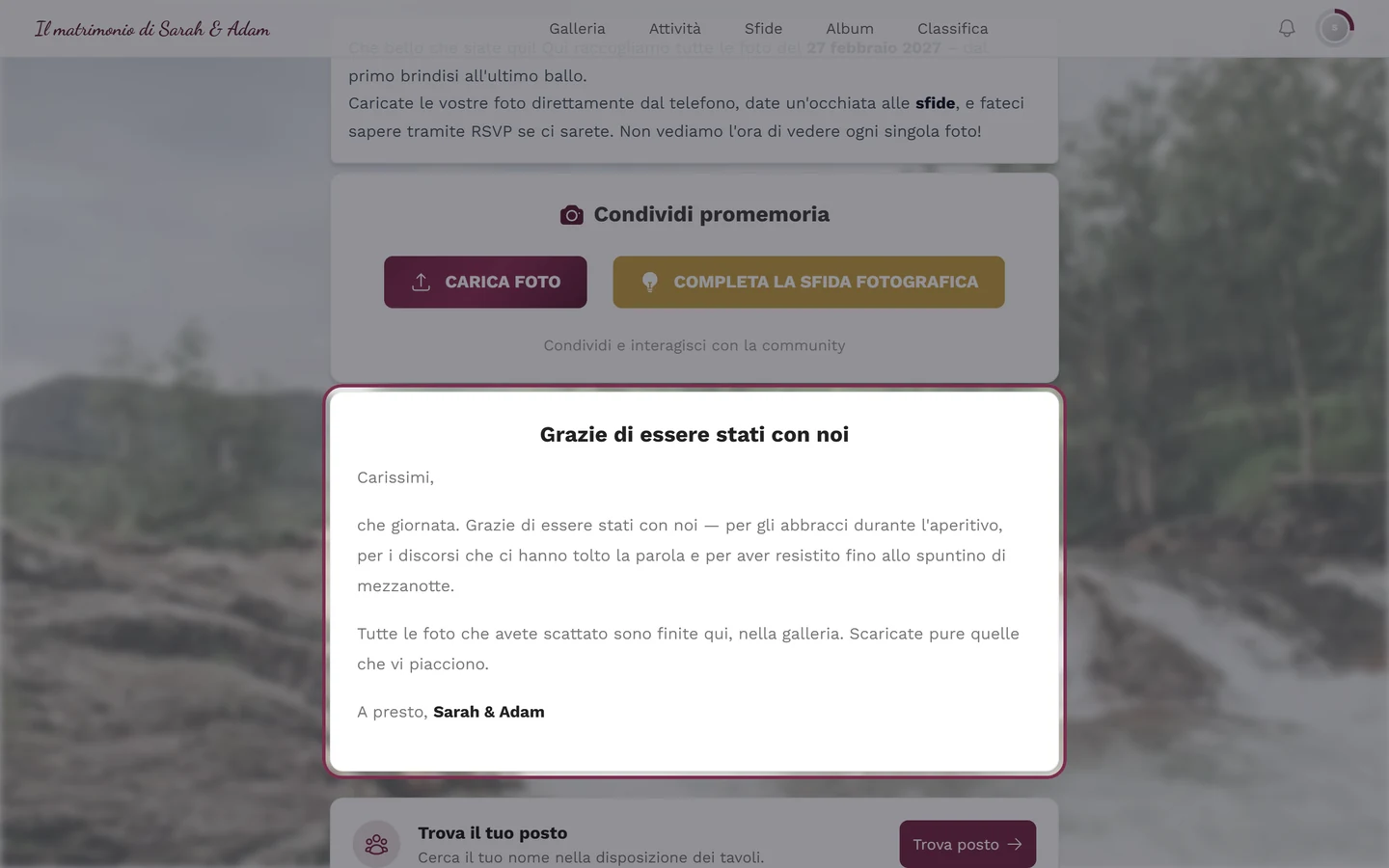 Ringraziamenti come widget nella pagina iniziale dell'evento, vista invitati