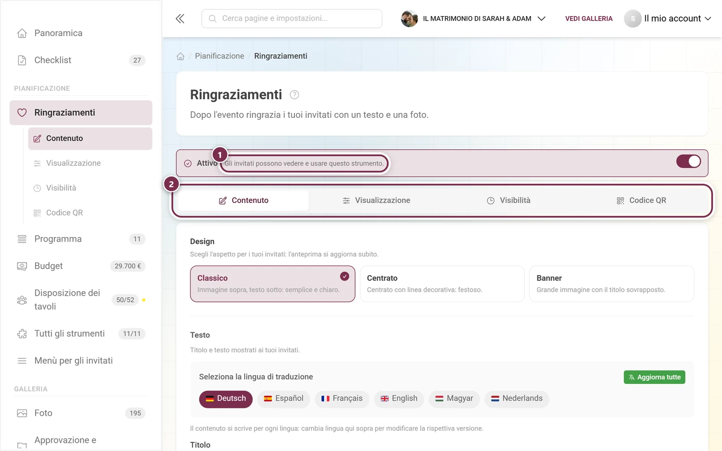 Intestazione dei Ringraziamenti con l'interruttore Attivo e le quattro schede