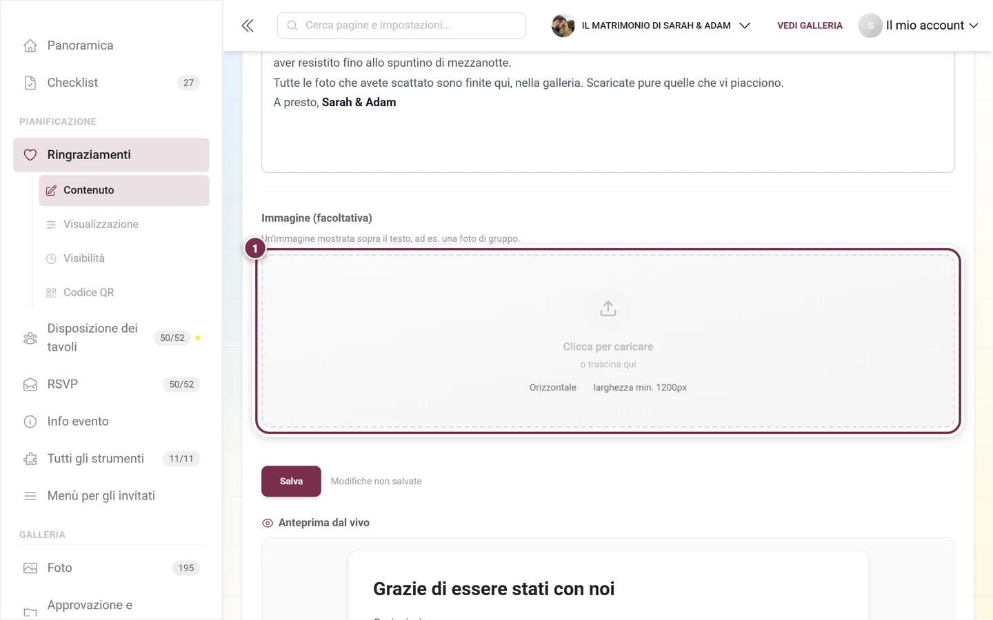 Area immagine vuota dei Ringraziamenti con i consigli formato orizzontale e almeno 1200 pixel