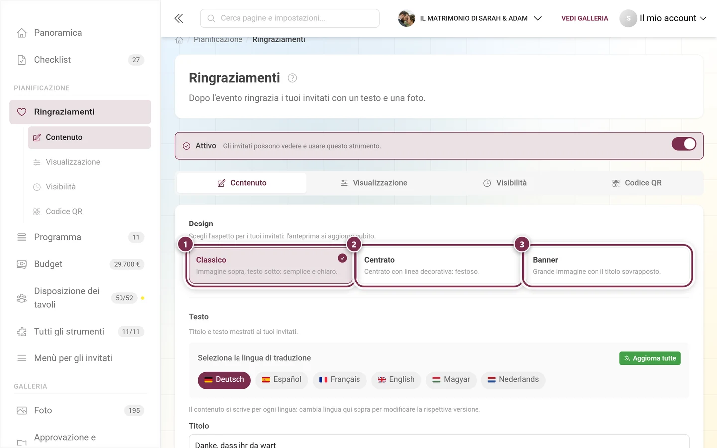 Scelta del design con le tre schede Classico, Centrato e Banner