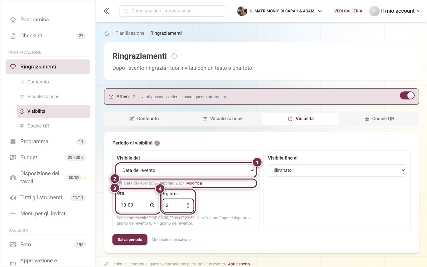 Visibile dal nella modalità Data dell'evento con indicazione della data, ora e scostamento in giorni
