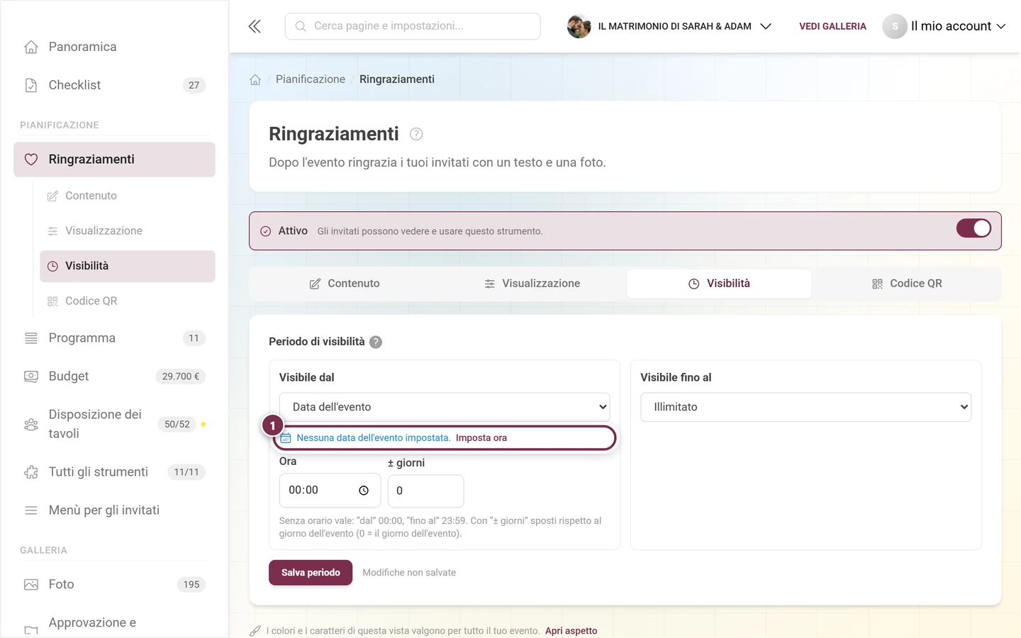 Avviso Nessuna data dell'evento impostata con il link Imposta ora