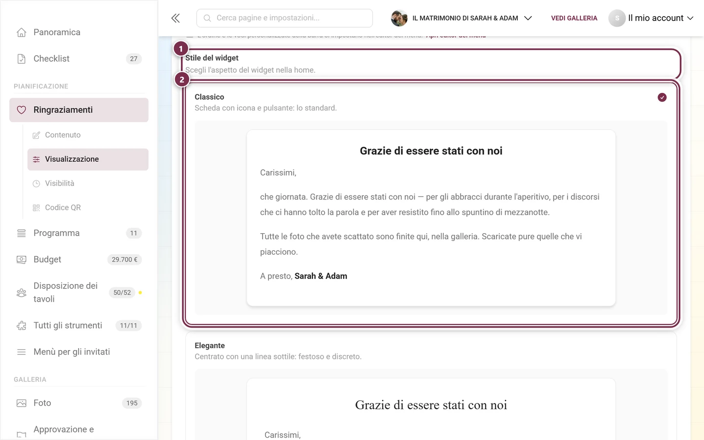 Scelta dello stile del widget con la scheda Classico selezionata