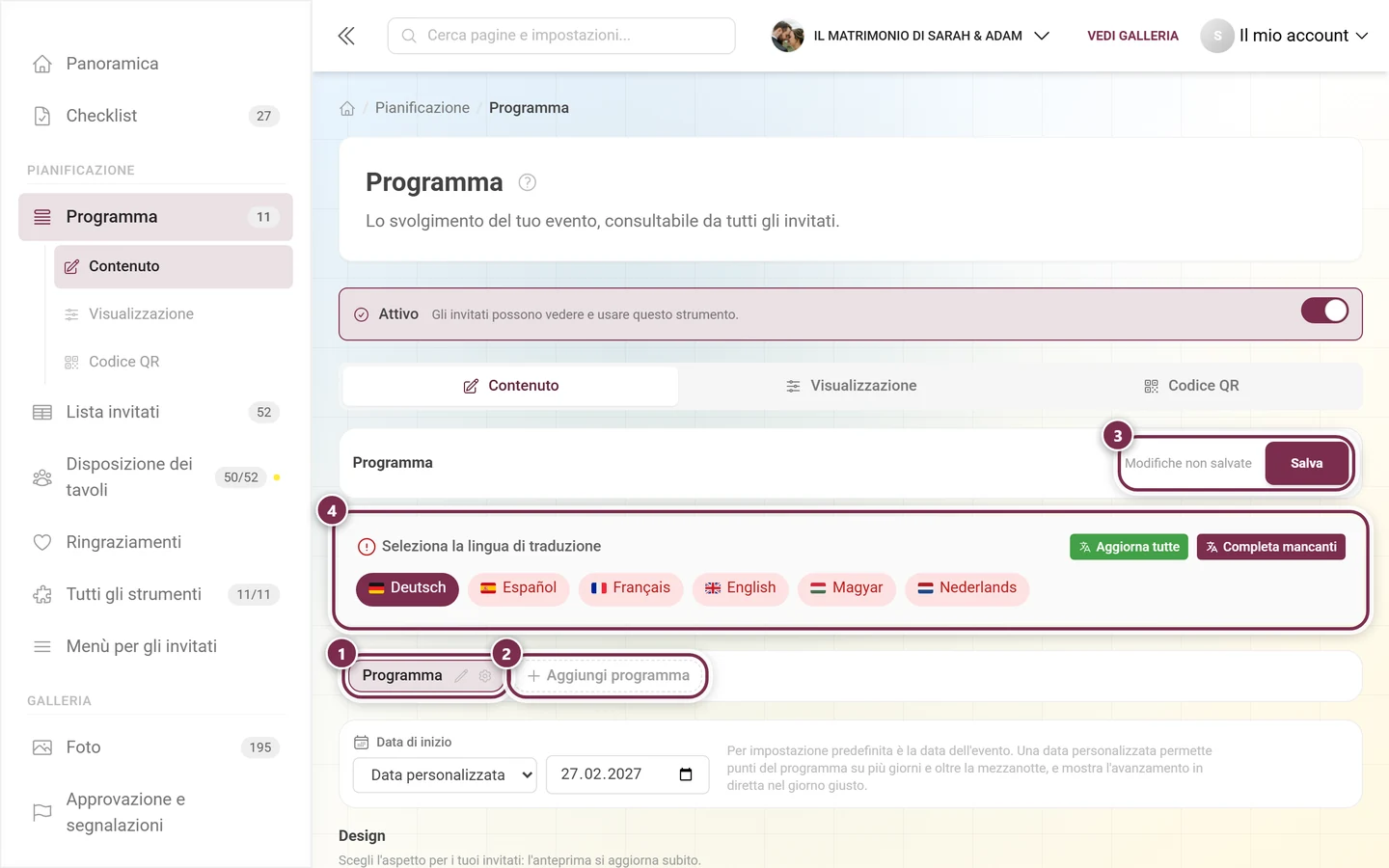 Strumento Programma con evidenziati la fila di schede, Aggiungi programma, la barra delle lingue e Salva