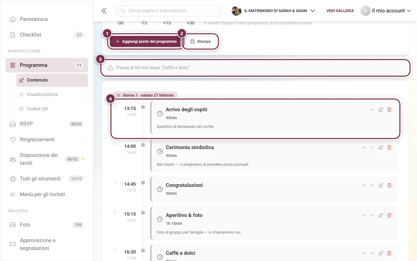 Editor del programma con evidenziati Aggiungi punto del programma, Stampa, l'avviso di pausa e il primo punto del programma
